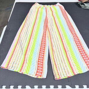 Colorful Wide-Leg Elastic Waist Pants With Multicolor Chevron & Stripe Pattern